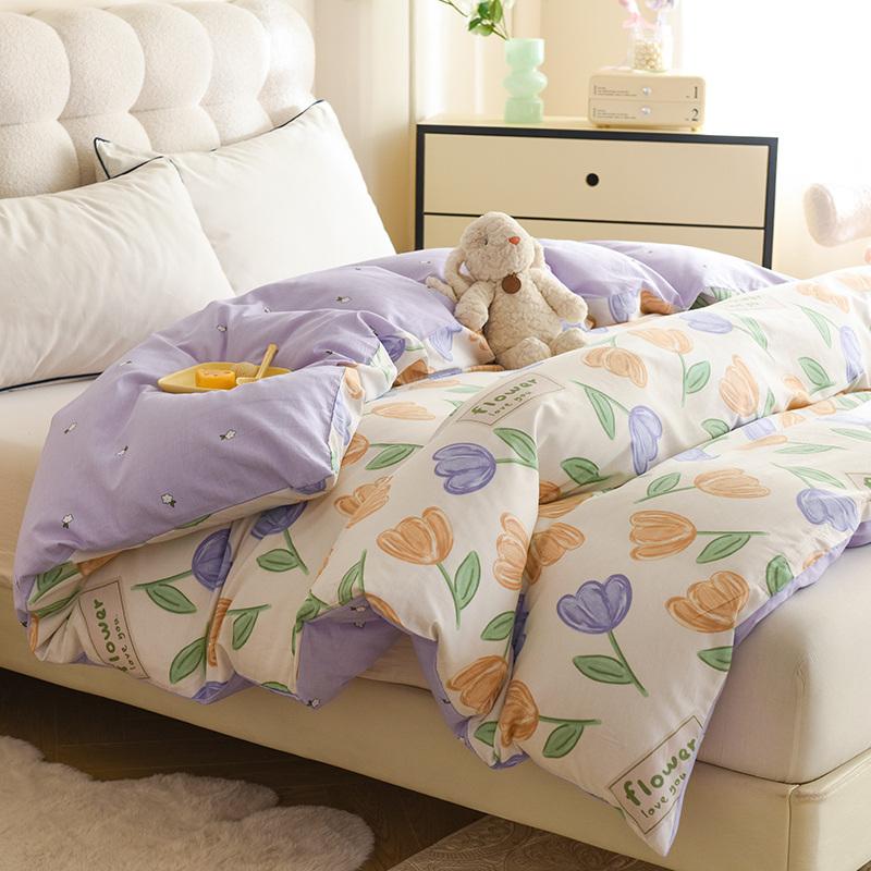 Yellow Tulip Duvet Cover 1Pcs Purple Flowers Pattern 100% Cotton Zipper Quilt Cover Skin-friendly Comfortable Queen Size Bedding