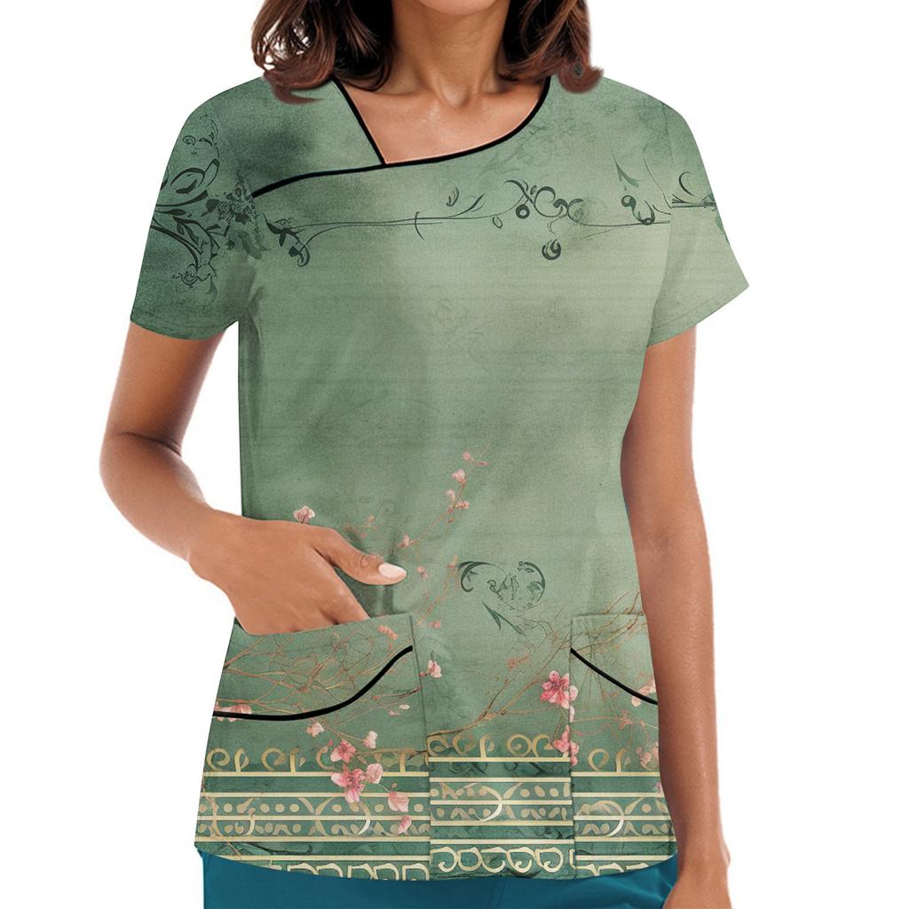 Damen Bedruckte Arbeitskleidung, Schräger Kragen und Doppellagige Taschen, Basic Oberteil Pullover