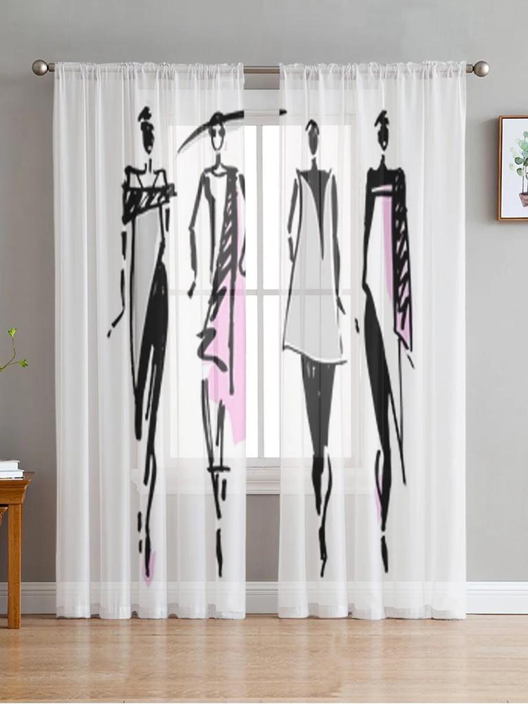 Krásná žena průsvitné závěsy do obývacího pokoje Dětská ložnice Tylové závěsy Závěsy pro ošetření oken v kuchyni