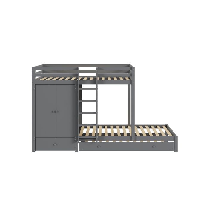 Pat supraetajat din lemn masiv - MUVOE - 90x200 - Pat extensibil - Dulap integrat - Sertare de depozitare