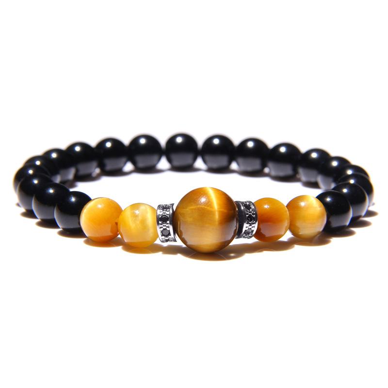 Natural Stone Bracelets Men Royal Blue Tiger Eye Bracelets Healthy Energy Bangle Fashion CZ Charm Black Onyx Beads Pulsera