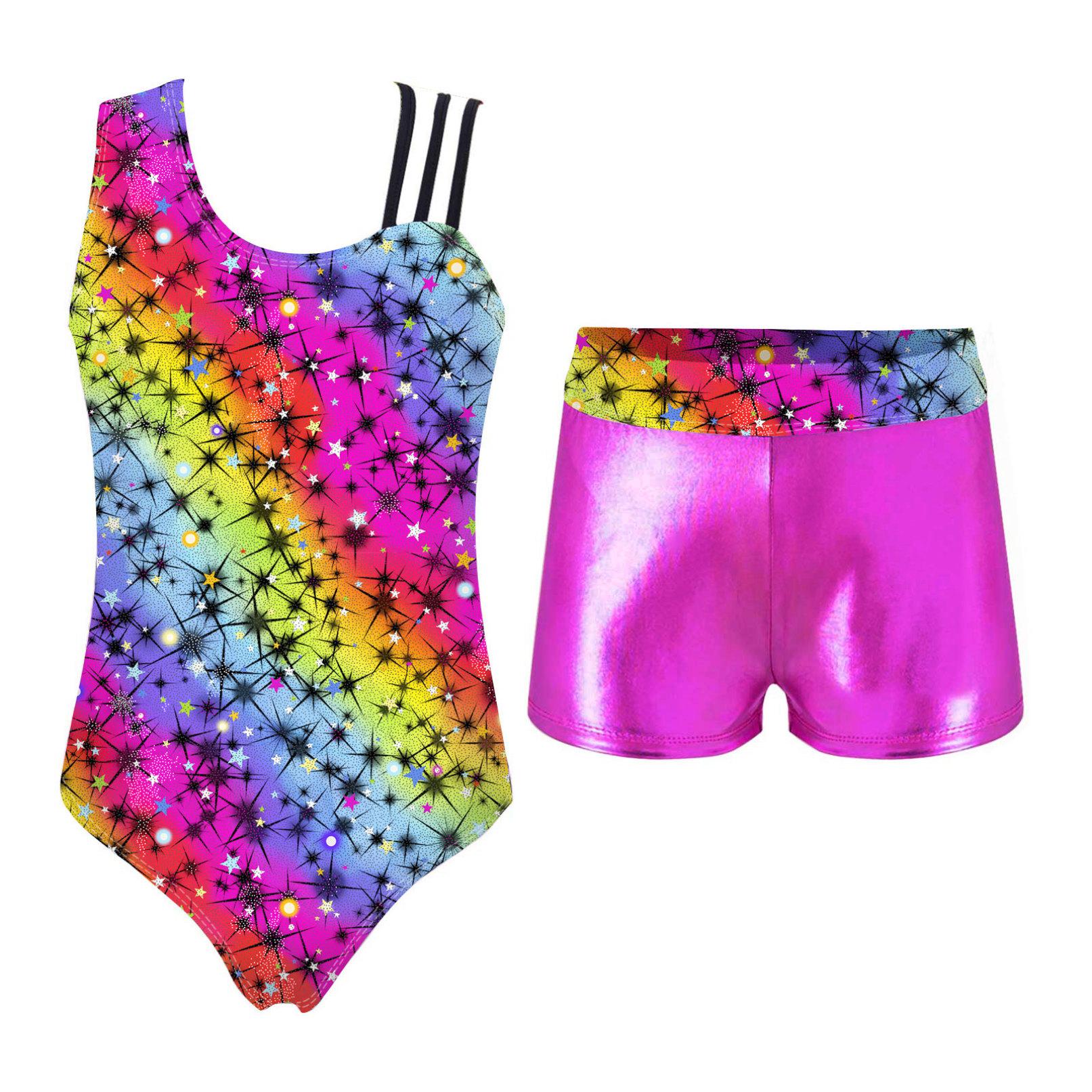 

Гімнастичні трико для дівчаток з шортами Дитячі танцювальні комбінезони Biketards Асиметричні лямки Танцювальний набір 3-4 Years рожевий червоний колір