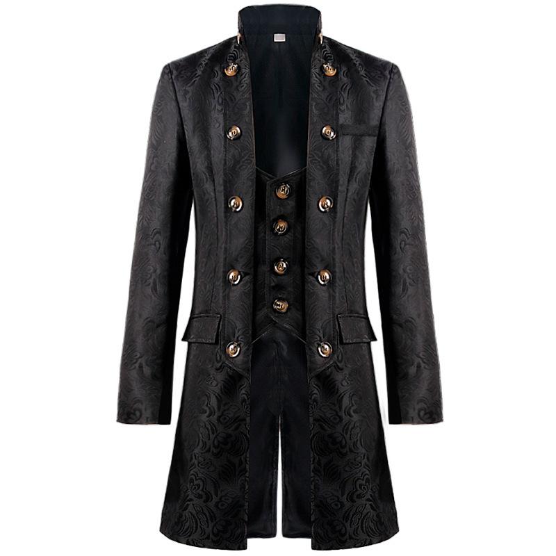 2025 European & American Men's Solid Color Steampunk Retro Coat with Stand Collar.