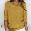 Women's Solid Color Round Neck Knitted Sweater with Seven-Sleeve Design.