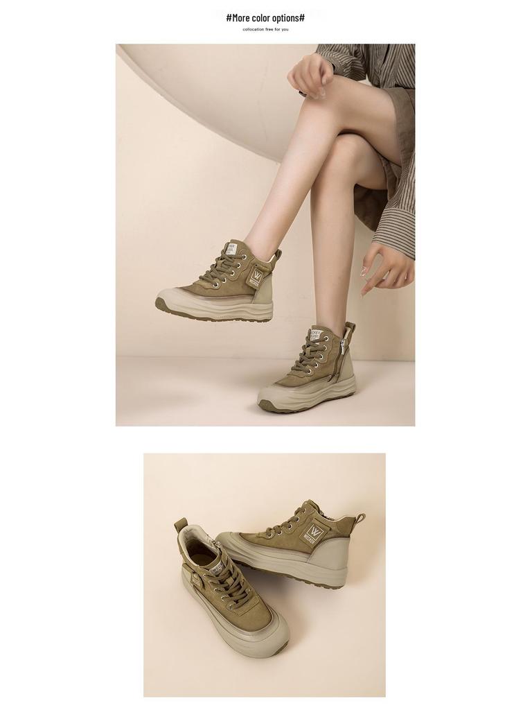 Autumn Women's High-Top Cowhide Sneakers 2025: Thick-Soled, Height-Increasing, Versatile, and Comfortable.