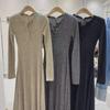 Women's Slim Fit French-Style Knit Dress - Waist-Hugging, Half-Open Collar, Solid Color, Autumn/Winter.