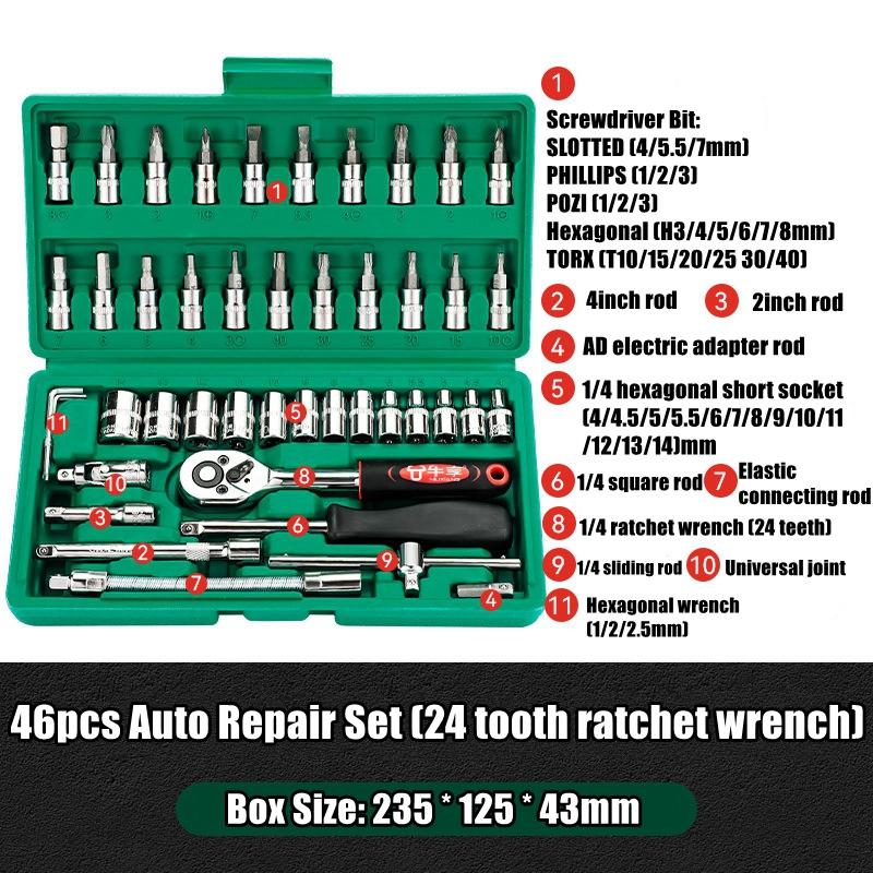 Pro 24/72 Teeth Ratchet Wrench Set with Sockets Screwdriver Bits Hand Tools Set Extension Rod Suitable for Car Repair Household