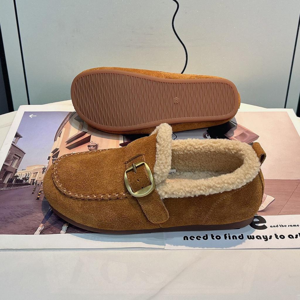 Leather velvet Birkenstocks women's 2025 autumn and winter new retro one-pedal lamb wool warm beans cotton shoes outside