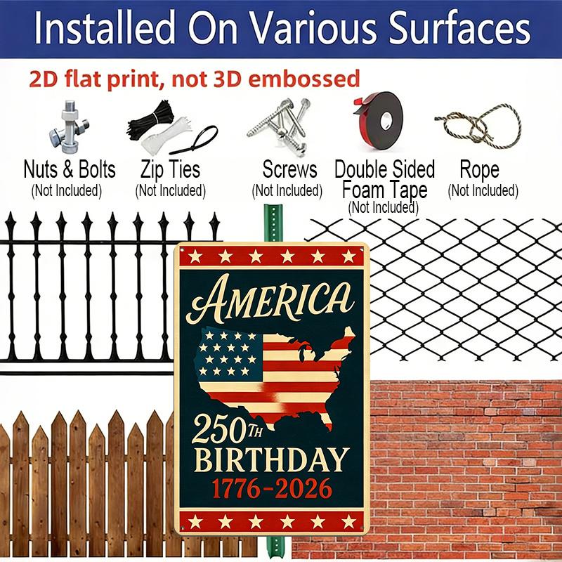 2D Flat Decorative 8×12 Inch Aluminum Plaque Metal Sign | America's 250th Birthday (1776-2026): US Map Flag Design; Celebrate 250 Years of American