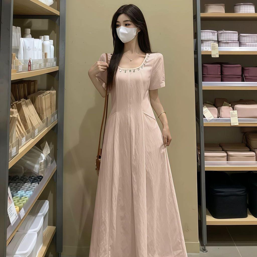 French Style 2026 Short Sleeve Cinched Waist Summer Maxi Dress - Slimming, Plus Size, Belly Covering