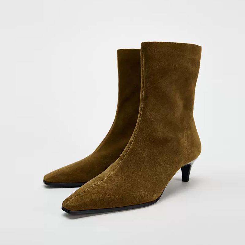 

Модная женская обувь Натуральная замшевая кожа Слипоны Высокий каблук Осенние ботильоны Квадратный носок Повседневные женские Высококачественные ботинки Обувь Женщина 42 коричневый