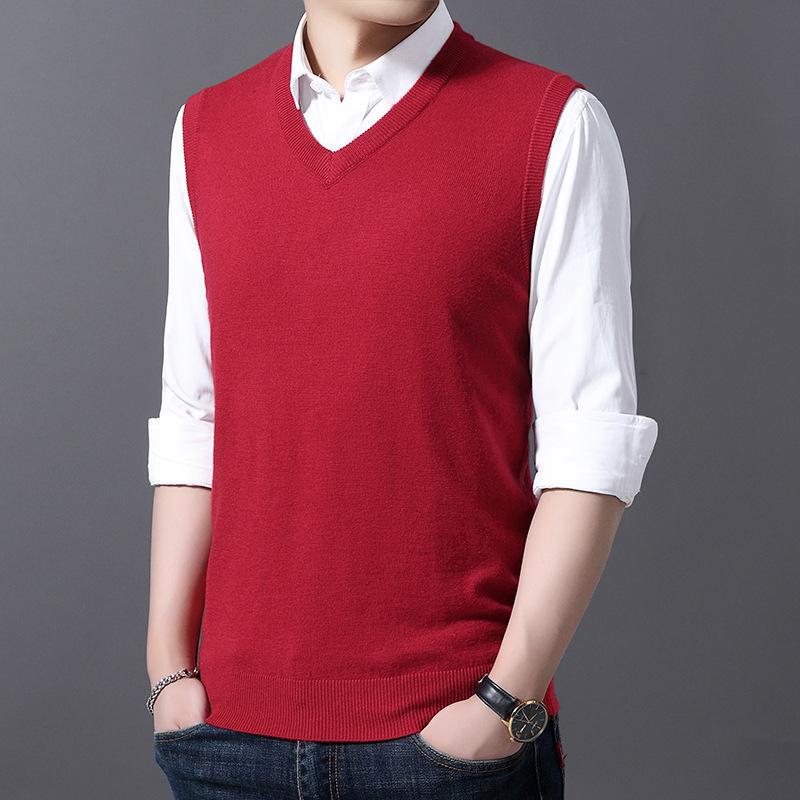 Pánská jednobarevná pletená vesta na jaro a podzim - Vlněná vesta do kanceláře