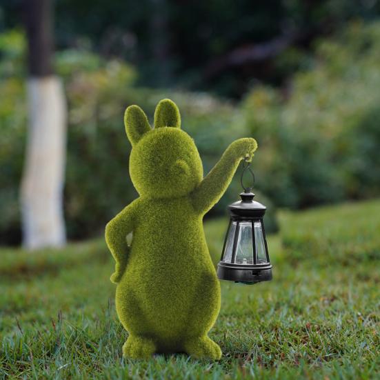 Solar Rabbit Garden Statue Resin Flocked Bunny Sculpture with Lantern Solar Powered Rabbit Light for Patio Yard Outdoor Decor Housewarming Gift