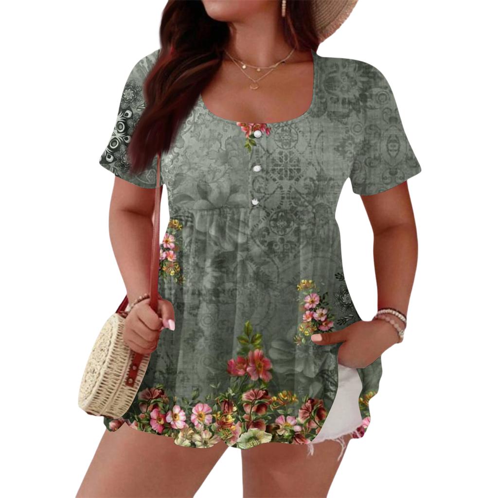 Women's Fashionable Casual Short Sleeve Loose Fit Button Front Printed Blouse