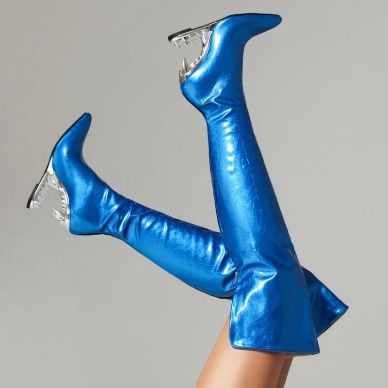 Fashion Silver Tiger Teeth Heel Design 10.5cm High Heels Over Knee Boot Women Winter Metal Hollowed Out Black Green Long Boots Size35-46