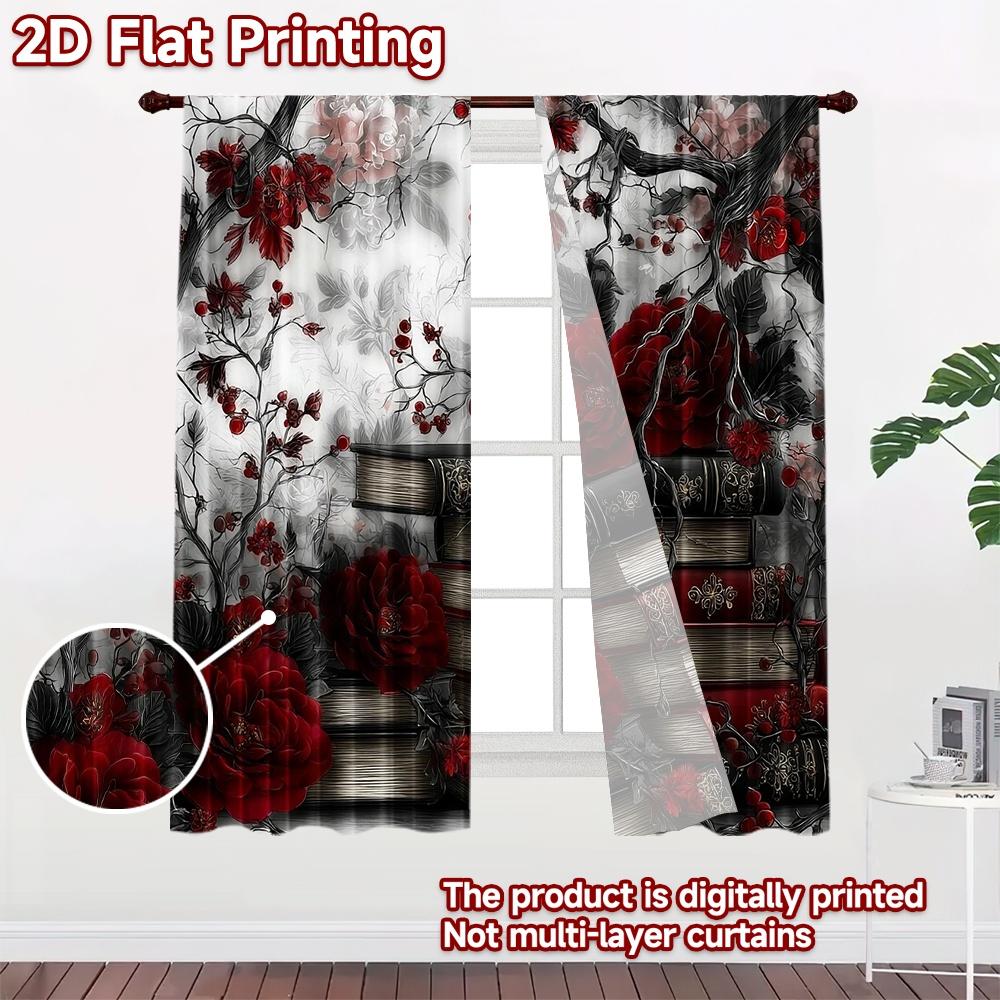 2D flat printing 2pcs Curtain Curtain Gothic Roses and Books Digital Printed Polyester Drapes Birthday Party Perfect for Yard &