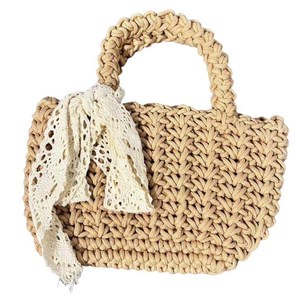 Lace Bowknot Beach Straw Bag Large Capacity Bucket Bag Trendy Braided Underarm Bag  Travel