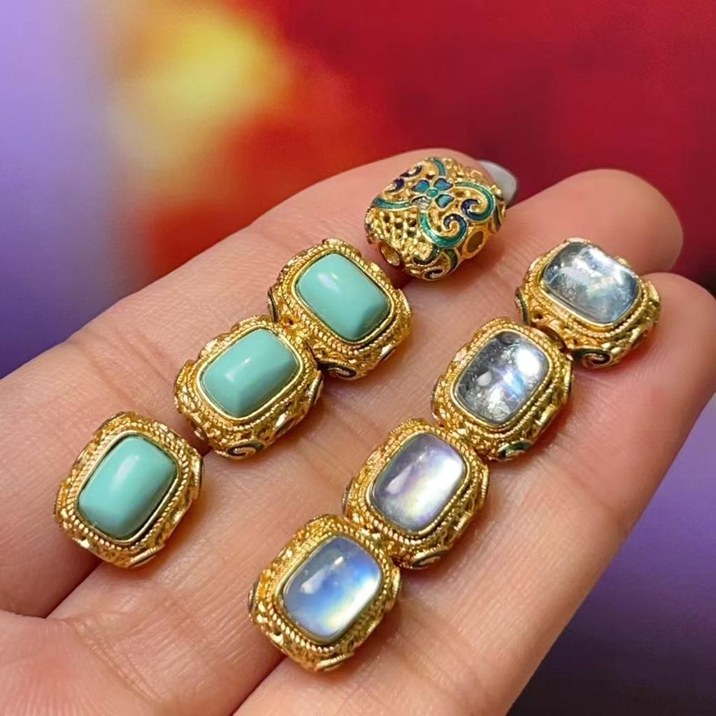 1Pc, Natural Stone Turquoise Aquamarine beads with hole, Boho handcrafted barrel-shaped beads accented with golden edges for Jewelry Making DIY