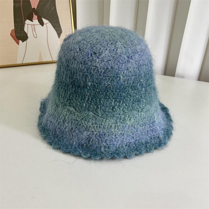 Wool Color Gradual Change Knitted Bucket Hat Women's Autumn and Winter Warm Face Small Ruffle Edge Wool Blend Basin Hat