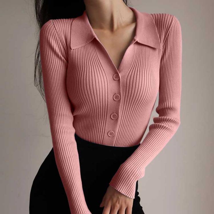 Women Solid Color Turn Down Collar Long Sleeve Hollow Buttons Knitted Pullovers Sweaters One Size Tops Spring Autumn