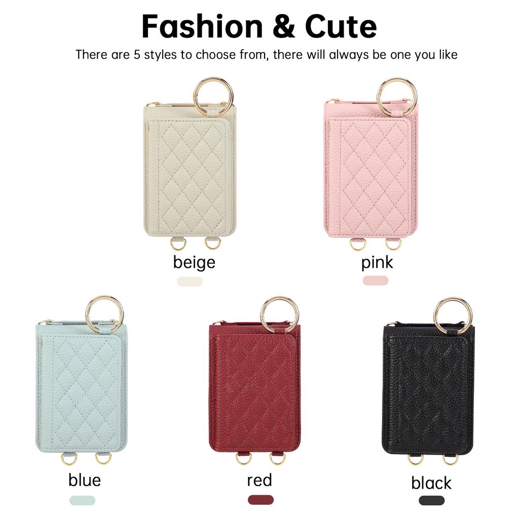 Sac bandoulière Long Cordon Anneau Fermeture Éclair Porte-cartes Grille Diamant Cuir Étui pour Samsung Z Flip 8 7 6 5 4 3 Antichoc Support Sac Housse