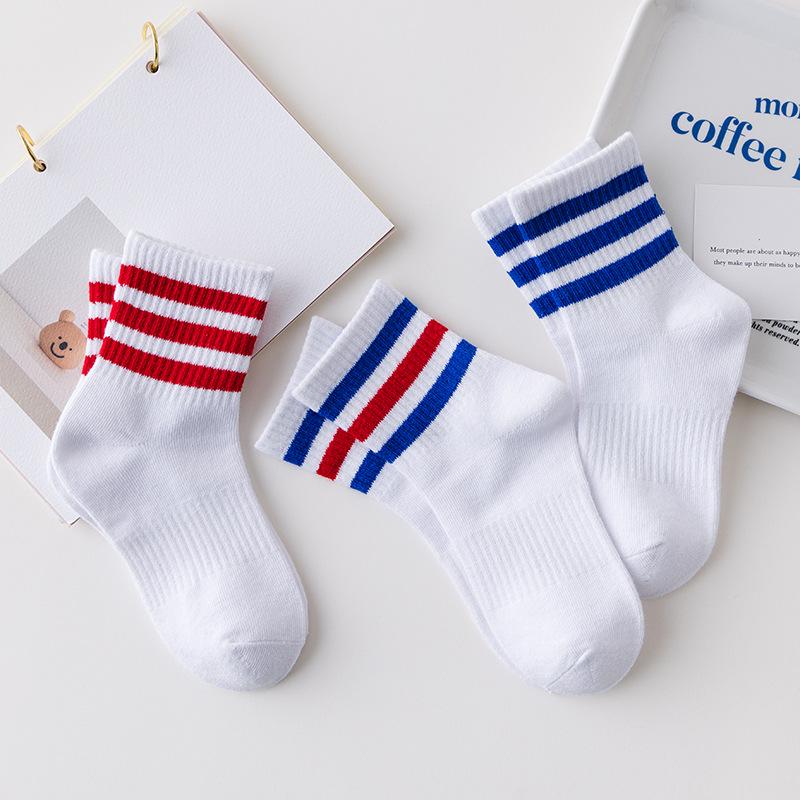 Kids' White & Black Mid-Calf Cotton Socks - Thick Striped Sports Socks for Boys & Girls, Spring & Autumn.