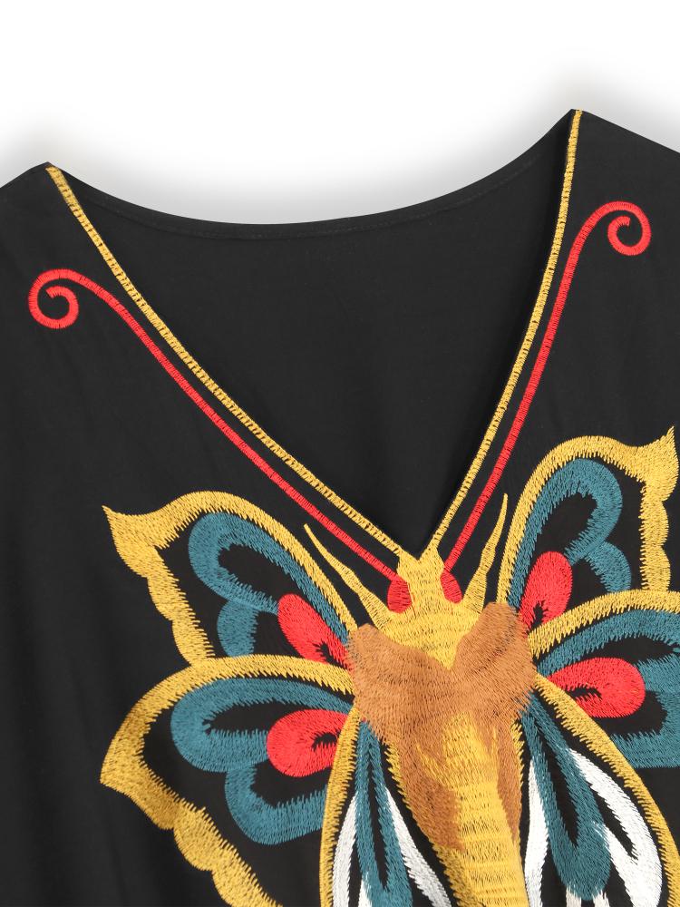 EDOLYNSA Plus Size Schwarz besticktes Kaftan Schwarzes Sommer Langes Strandkleid Damen Homewear Outfit Badeanzug Cover Up Loose Caftan