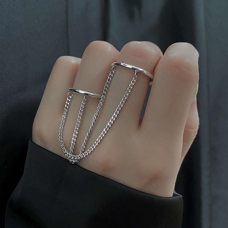 ANENJERY Mode Punk Kette Doppel Ring Set Frauen Hip Hop Offenen Ring Metall Kette Geometrische Party Schmuck Geschenke