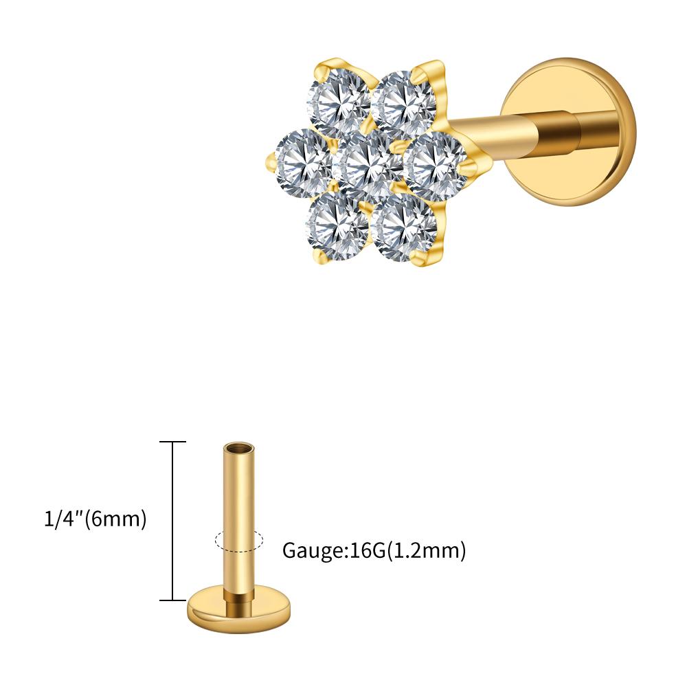 Right Grand ASTM F136 Titanium 16G Tiny Flower CZ Stud Earring Tragus Helix Rook Conch Labret Stud Flat Back Cartilage Piercing