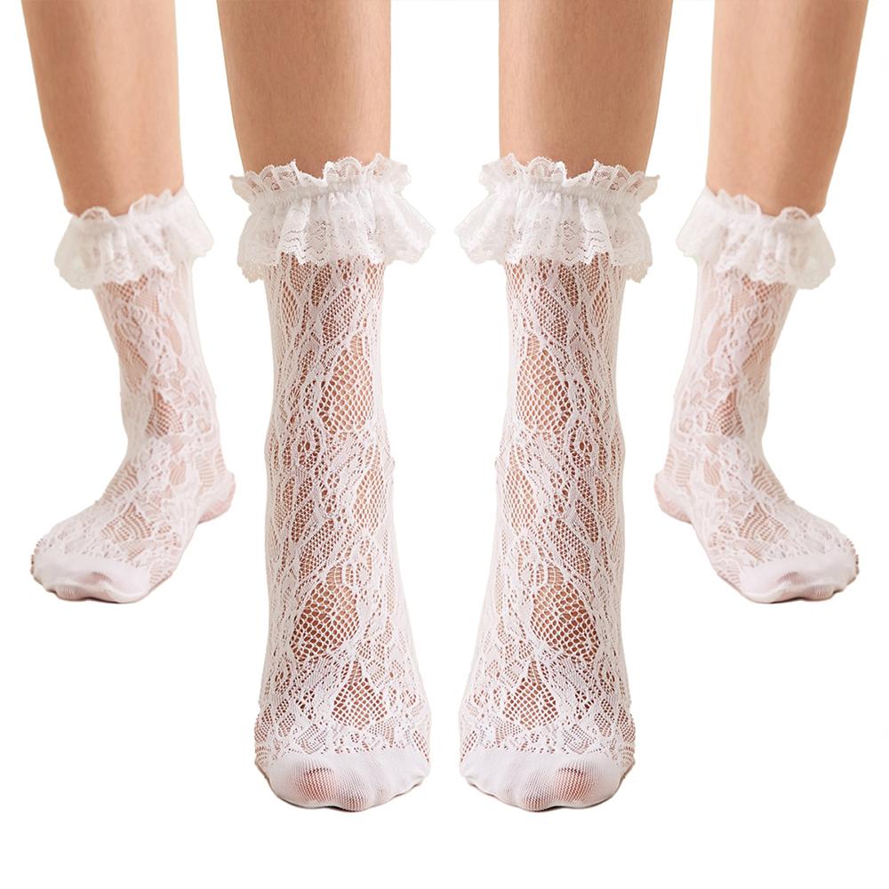 2 Pairs Lace Mid Tube Socks For Women's Lolita Retro Women's Jacquard Princess Sock White Breathable Anti Hook Silk Girls' Socks