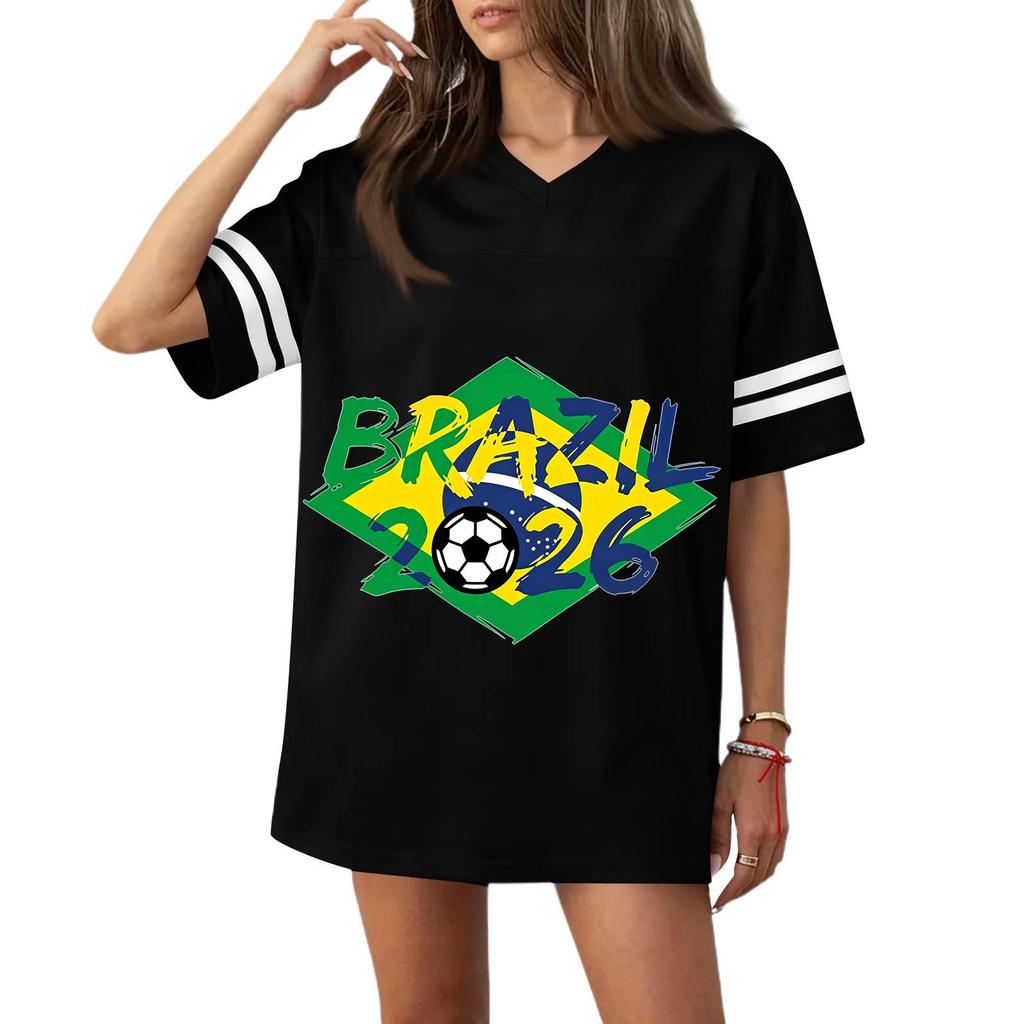 Women’s Casual V Neck Short Sleeve Soccer Jersey Top with Flag Print and 2026 Graphic Loose Fit Sports Shirt