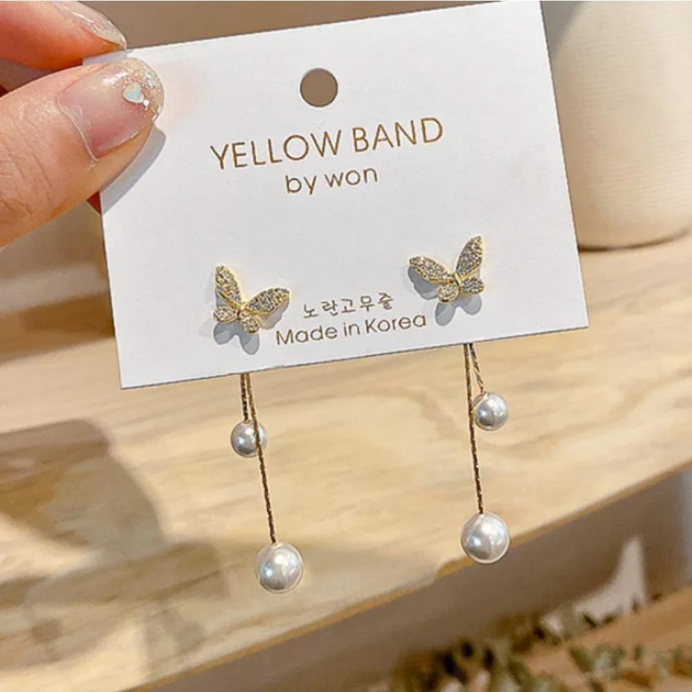 2025 New Trend Simulation Pearl Long Earrings Women's Flower Rhinestone Wedding Pendant Earrings Fashion Korean Jewelry Earrings