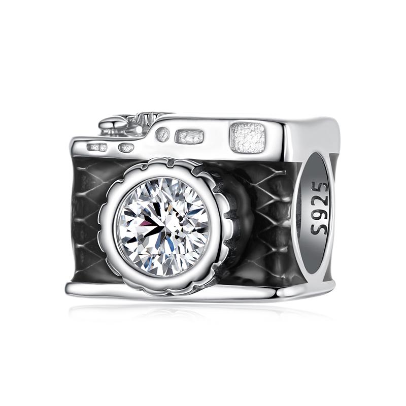 WOSTU 925 Sterling Silver Black Camera Charm Shiny Zircon Travel Beads Fit Original Bracelet DIY Jewelry Make Holiday Gift