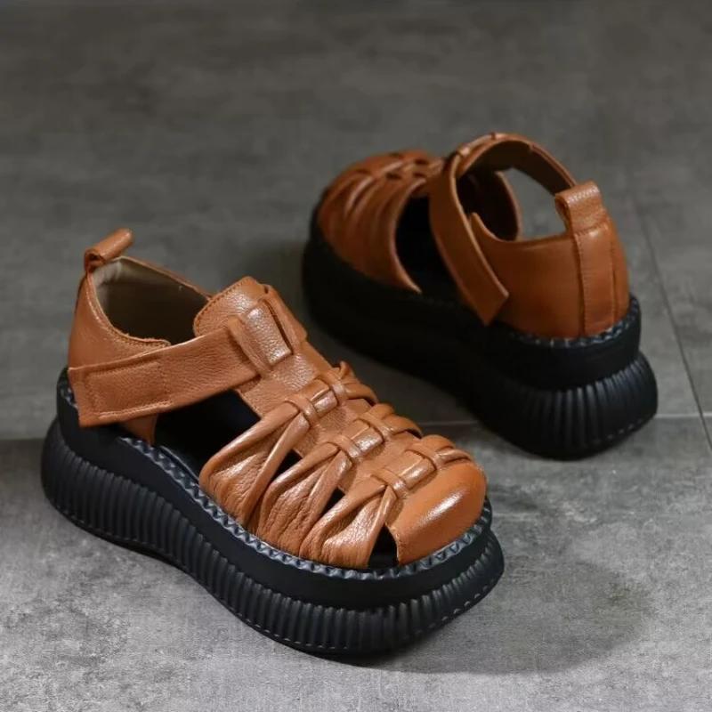 2024 m. Naujos mados Retro vasariniai batai Moteriški sandalai Rankų darbo natūralios odos tuščiavidurės platformos laisvalaikio basutės moteriškos juodos