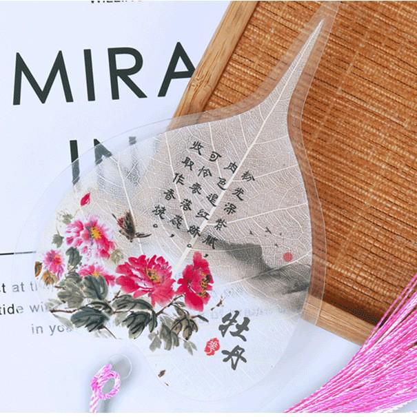 Chinese Bodhi Leaf Bookmark: Floral Ink Wash Style with Peach Blossom, Peony, and Lotus