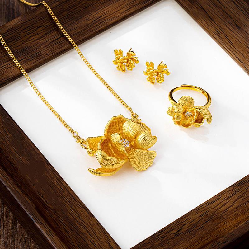 National Trend Ancient French Brushed Peony Flower Ring Earrings Set Women's Retro Jewelry Necklace Pendant