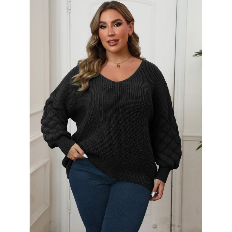 

Женский свитер большого размера, женский трикотажный базовый свитер с рукавами-ананасами, пэчворк, глубокий V-образный вырез, повседневный пуловерный топ 3XL чёрный