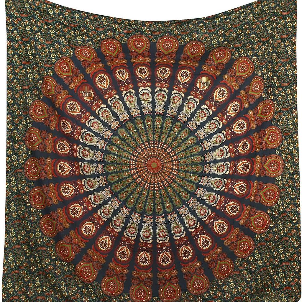 Golden Indian Bohemian Peacock Mandala Tapestry Wall Hanging