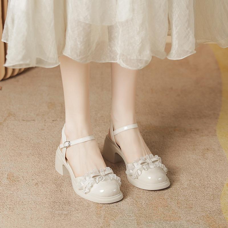 Sandals women's new thick heel round head platform fairy satin summer bag head silver Mary Jane shoes