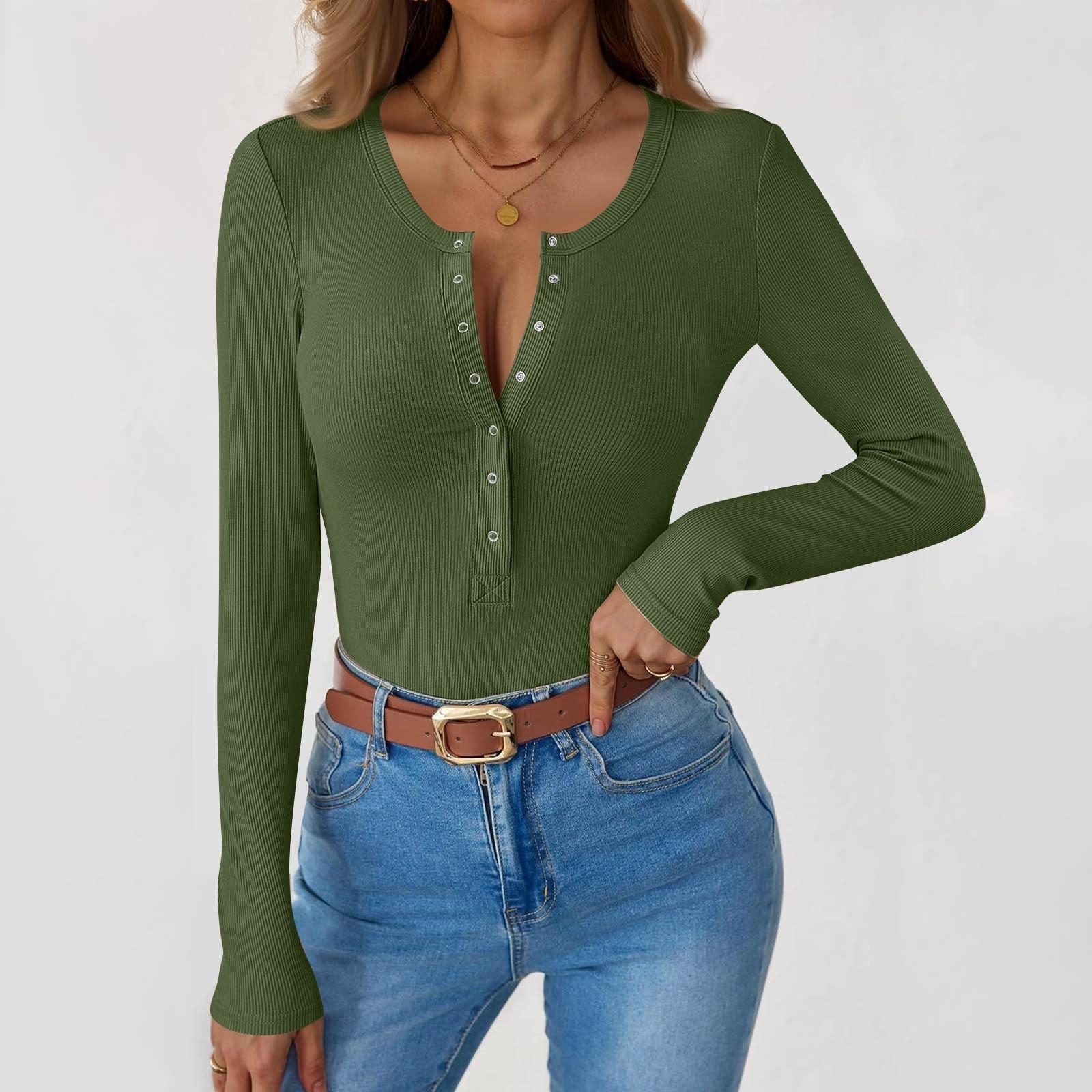 

Women s And Winter Slim Bottom T-shirt Fashion Casual Solid Color U Neck Pullover Long Sleeve Top L армія зелений колір