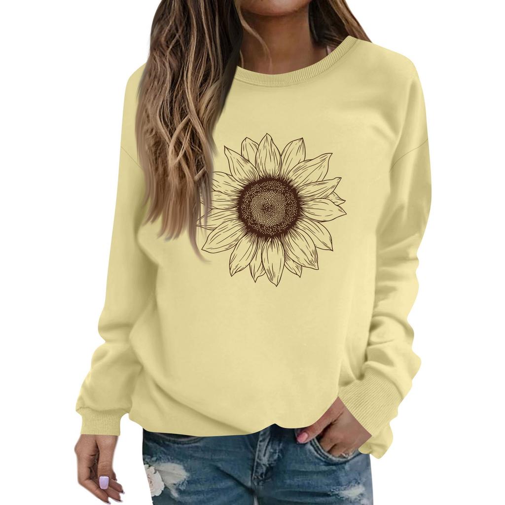 Sweat-shirt décontracté à manches longues et col rond pour femme, couleur unie, imprimé