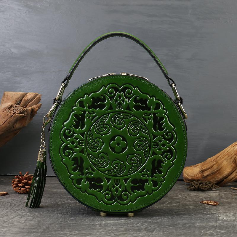 Vintage Embossed Small Round Bag, Transfer Handbag, Festive Women's Bag, Genuine Leather Bag, High-end Women's Shoulder Crossbody Bag