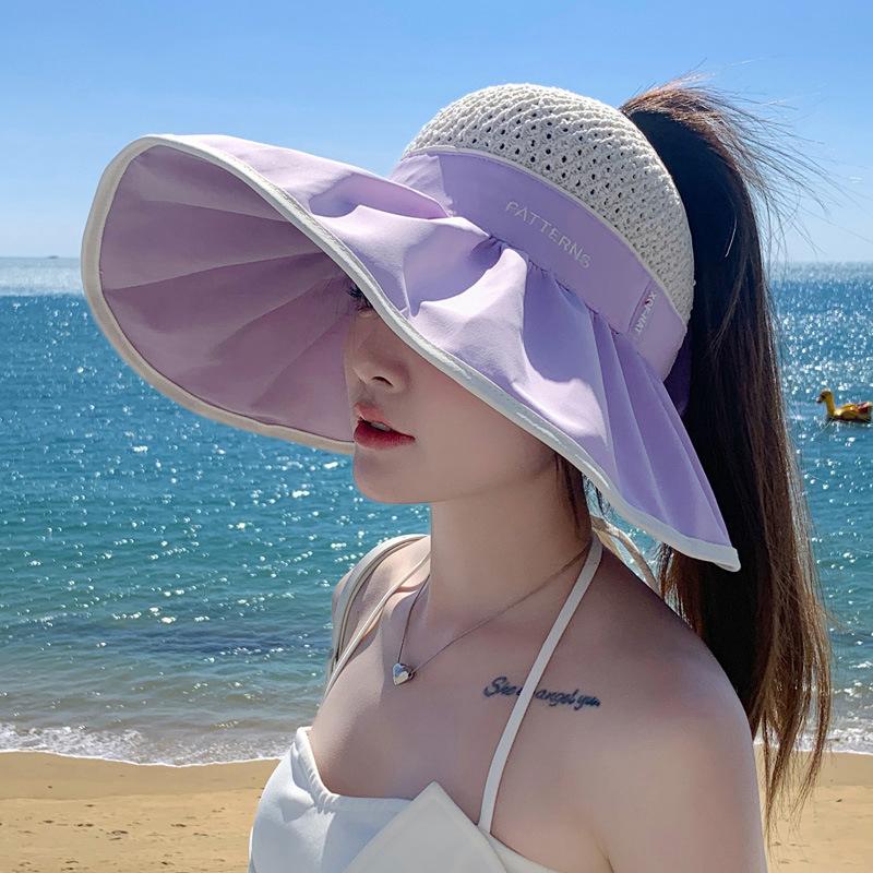 Casual Women Summer Wide Brim Sun Visor Hat Adjustable UV Protection Bow Knot Foldable Sport Empty Top Cap Beach Cap Sun Hat