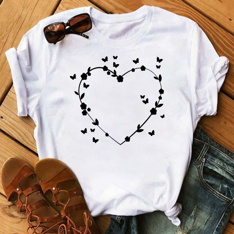Women T Shirt Aesthetic Butterfly Love Heart Graphic Print Female Tshirt Clothing Summer Fashion Short Sleeve Kawaii T-Shirt