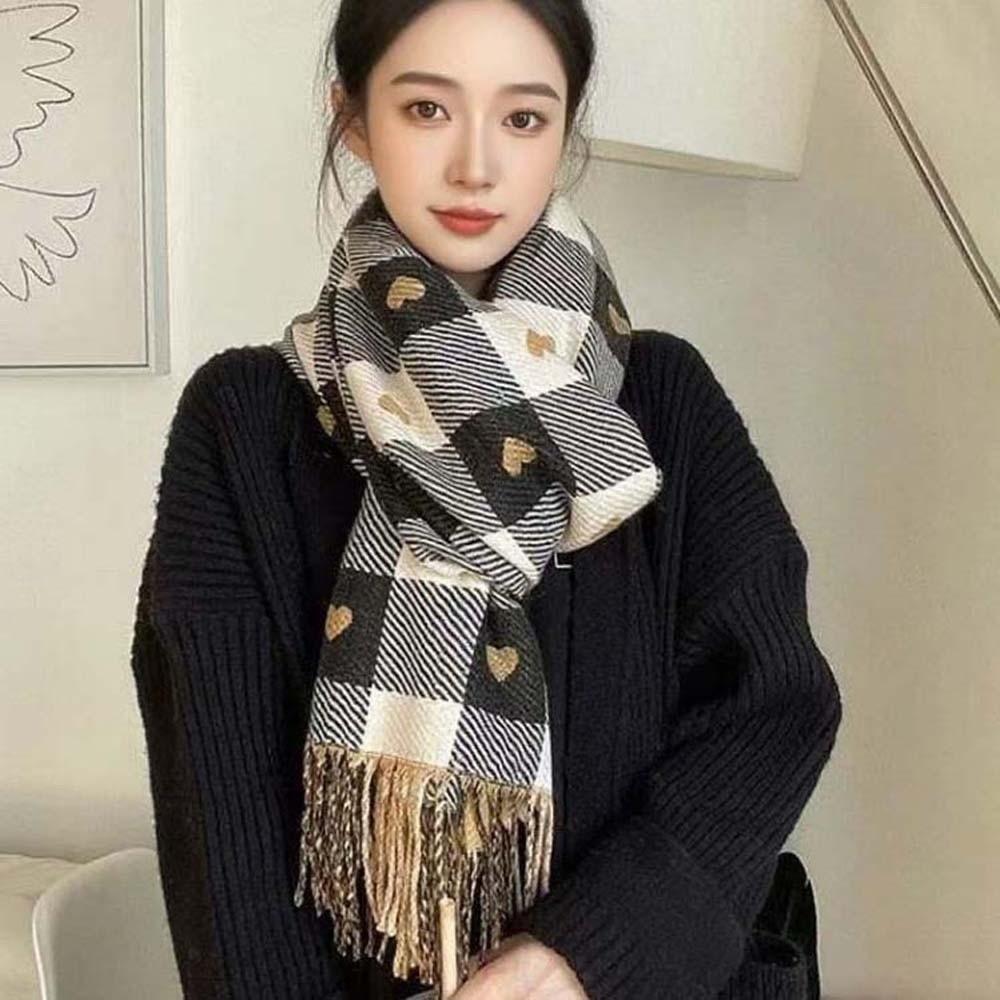 Warmer Plaid Knitted Scarf Long Tassel Shawl Korean Style Heart Thickened Scarf Winter