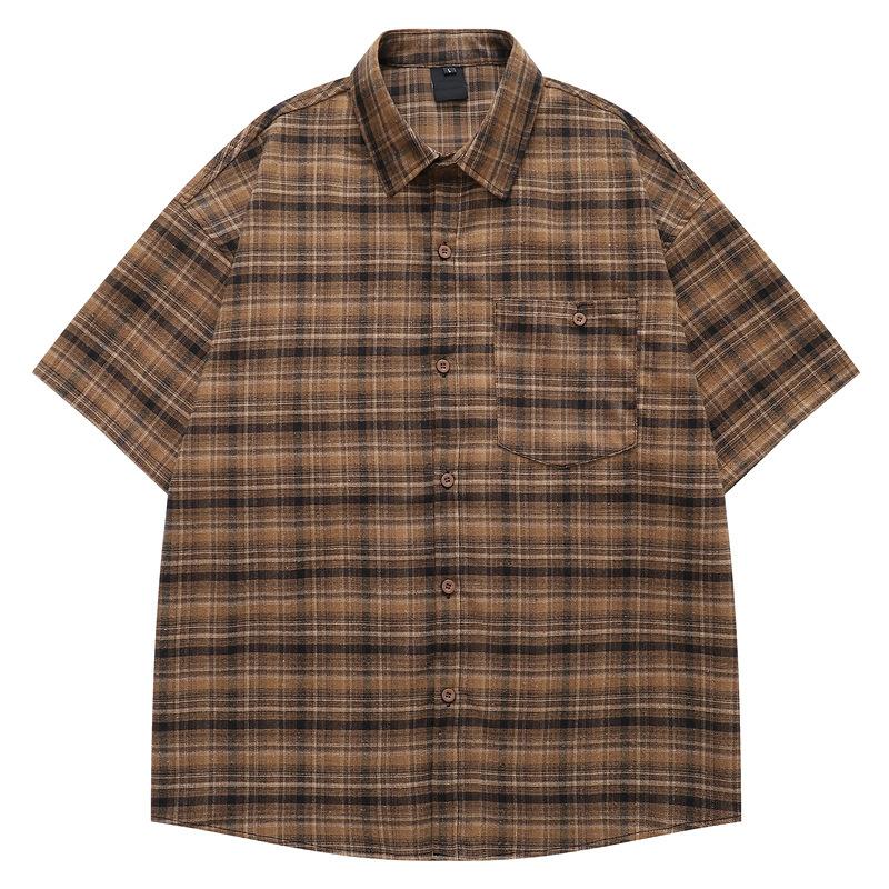 Vintage summer American commute retro polished plaid shirt men s vintage design short-sleeved plaid shirt M коричневый