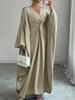 Elegant V-Neck Satin French Dress with Batwing Sleeves and Waist-Cinching Design