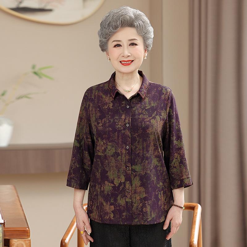 

70-Year-Old Grandma Mid-Sleeve Summer Shirt - Loose Fit Top for Middle-Aged and Elderly Women 2XL (110-120 jin) фіолетовий