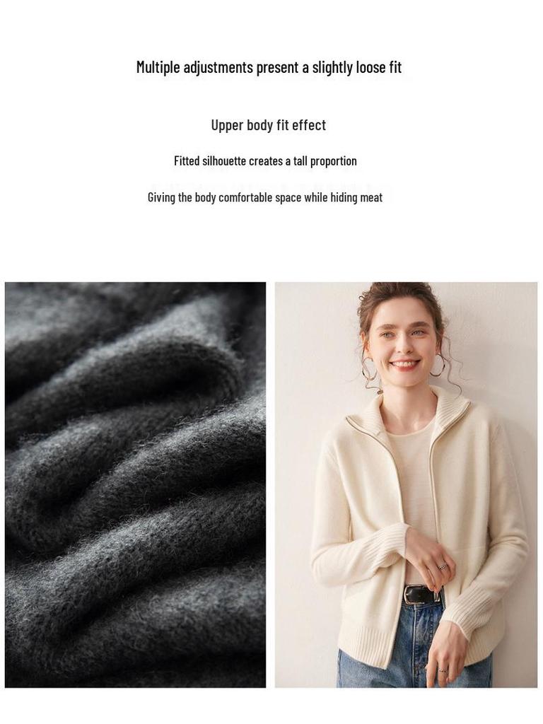 2025 A/W Women's Double-Layer Cashmere Stand Collar Cardigan Sweater with Zippers and Pockets