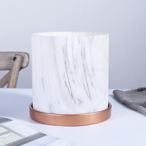 European Style Marbled Cylindrical Ceramic Flowerpot with Golden Tray Household Succulents Potted Gardening Garden Decoration